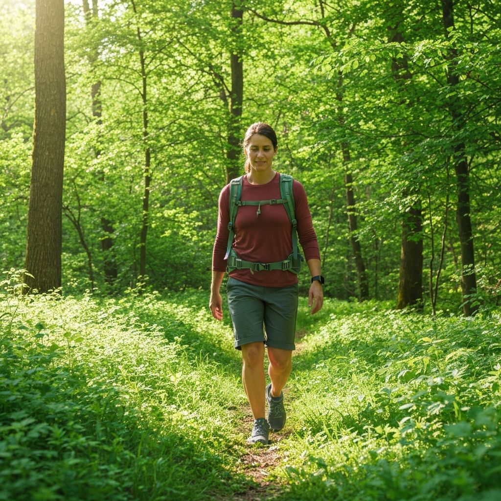 Person hiking in lush nature with gentle physical activity